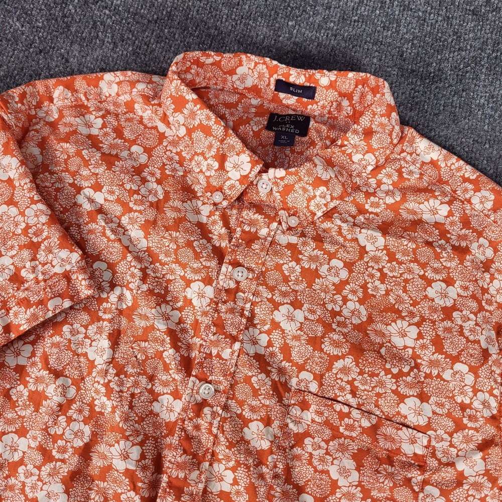 J.Crew Mens XL Slim Flex Washed Short Sleeve Button Down Shirt Orange Floral